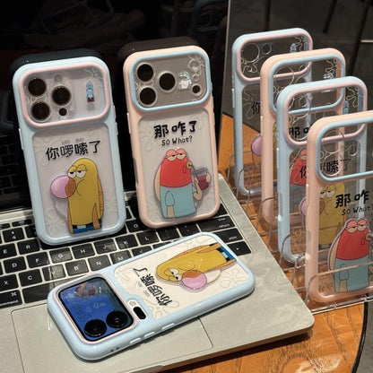 Sassy Cartoon Bubble Blowing Character Phone Case with Foldable Stand, Two-Tone Frame Clear Shockproof TPU Cover with Funny Slogan So What for iPhone