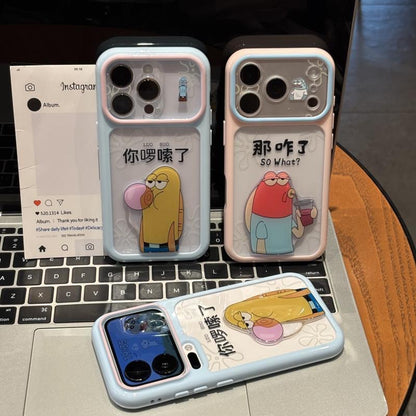 Sassy Cartoon Bubble Blowing Character Phone Case with Foldable Stand, Two-Tone Frame Clear Shockproof TPU Cover with Funny Slogan So What for iPhone
