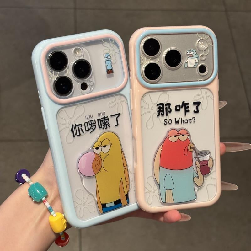 Sassy Cartoon Bubble Blowing Character Phone Case with Foldable Stand, Two-Tone Frame Clear Shockproof TPU Cover with Funny Slogan So What for iPhone