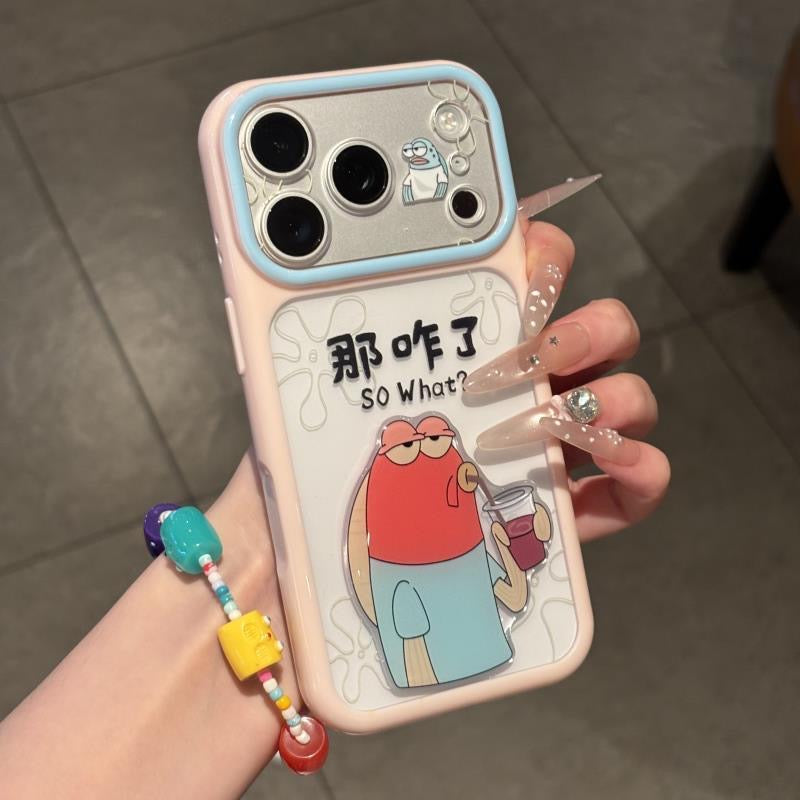 Sassy Cartoon Bubble Blowing Character Phone Case with Foldable Stand, Two-Tone Frame Clear Shockproof TPU Cover with Funny Slogan So What for iPhone