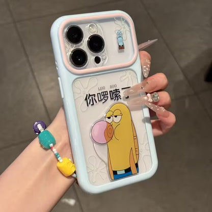 Sassy Cartoon Bubble Blowing Character Phone Case with Foldable Stand, Two-Tone Frame Clear Shockproof TPU Cover with Funny Slogan So What for iPhone