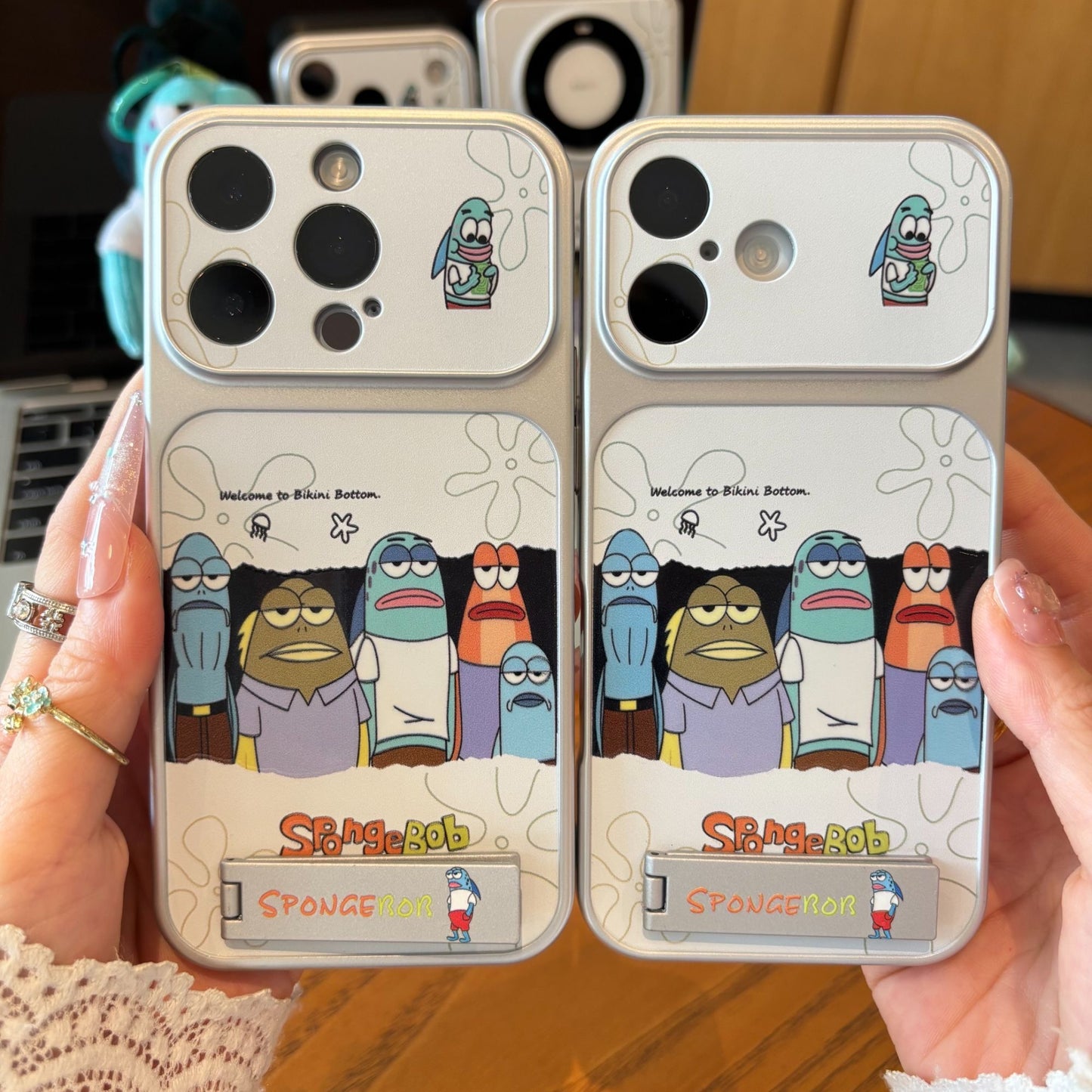 Divertida Carcasa de Teléfono de Bob Esponja, Calamardo y Patricio con Tapa de Espejo Abatible
