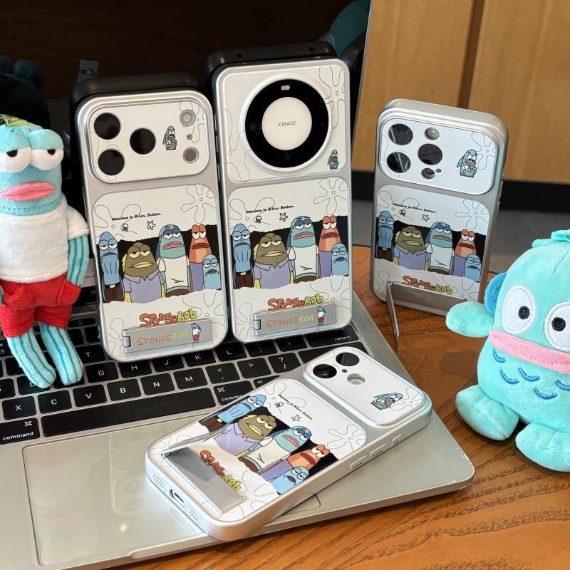 Divertida Carcasa de Teléfono de Bob Esponja, Calamardo y Patricio con Tapa de Espejo Abatible