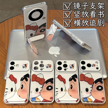 Cute Shinchan Kitty Cartoon Character Printed Phone Case with Hidden Foldable Mirror Kickstand, Electroplated Silver Shockproof TPU Cover, Horizontal & Vertical Stand for Watching Video Reading