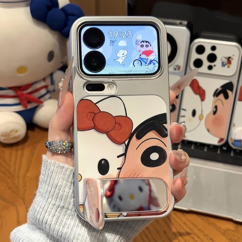 Cute Shinchan Kitty Cartoon Character Printed Phone Case with Hidden Foldable Mirror Kickstand, Electroplated Silver Shockproof TPU Cover, Horizontal & Vertical Stand for Watching Video Reading