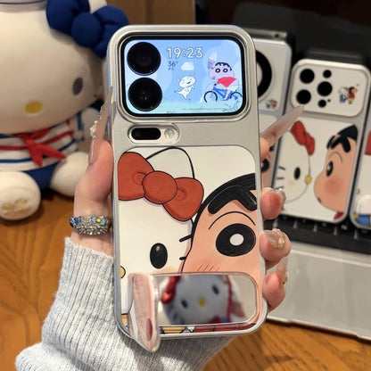 Cute Shinchan Kitty Cartoon Character Printed Phone Case with Hidden Foldable Mirror Kickstand, Electroplated Silver Shockproof TPU Cover, Horizontal & Vertical Stand for Watching Video Reading