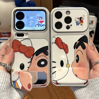 Cute Shinchan Kitty Cartoon Character Printed Phone Case with Hidden Foldable Mirror Kickstand, Electroplated Silver Shockproof TPU Cover, Horizontal & Vertical Stand for Watching Video Reading