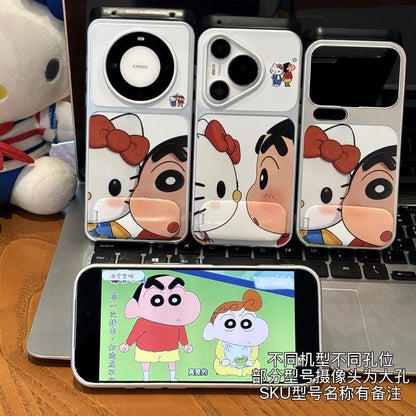 Cute Shinchan Kitty Cartoon Character Printed Phone Case with Hidden Foldable Mirror Kickstand, Electroplated Silver Shockproof TPU Cover, Horizontal & Vertical Stand for Watching Video Reading