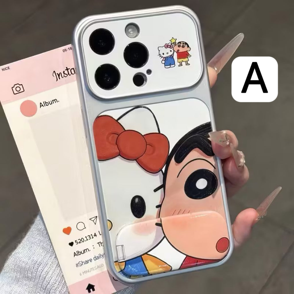 Cute Shinchan Kitty Cartoon Character Printed Phone Case with Hidden Foldable Mirror Kickstand, Electroplated Silver Shockproof TPU Cover, Horizontal & Vertical Stand for Watching Video Reading