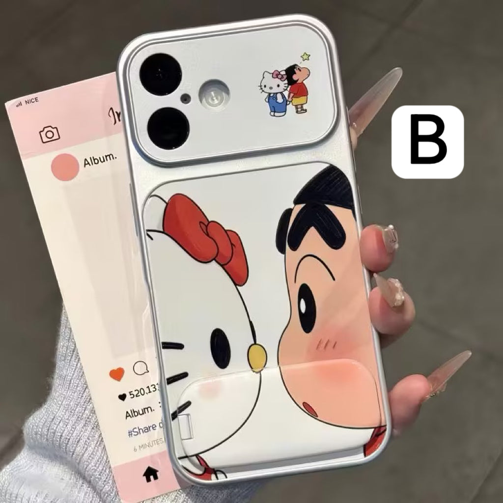 Cute Shinchan Kitty Cartoon Character Printed Phone Case with Hidden Foldable Mirror Kickstand, Electroplated Silver Shockproof TPU Cover, Horizontal & Vertical Stand for Watching Video Reading