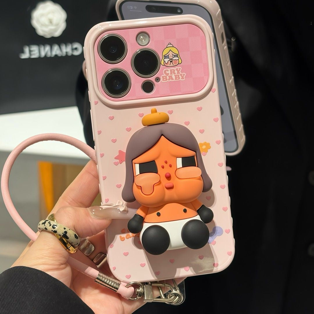 トレンディーな美しさのクマのスタンドフォンケース、ハンドストラップ付き、可愛いミニコーヒーカップデコレーション、シルバーフレーム滑り止め保護フォンカバー（全機種対応）