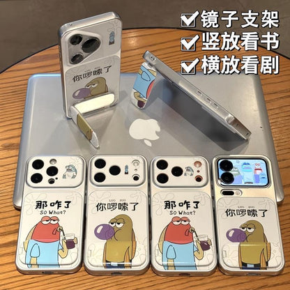 Funny Ocean Cartoon Character Phone Case With Hidden Mirror Kickstand, Electroplated Silver Frame, Dual‑Way Stand For Watching Videos Reading, Shockproof TPU Protective Shell for Smartphones