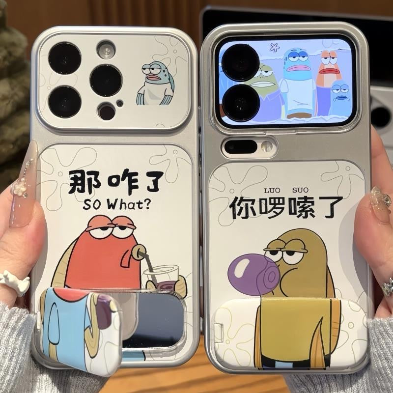 Funny Ocean Cartoon Character Phone Case With Hidden Mirror Kickstand, Electroplated Silver Frame, Dual‑Way Stand For Watching Videos Reading, Shockproof TPU Protective Shell for Smartphones