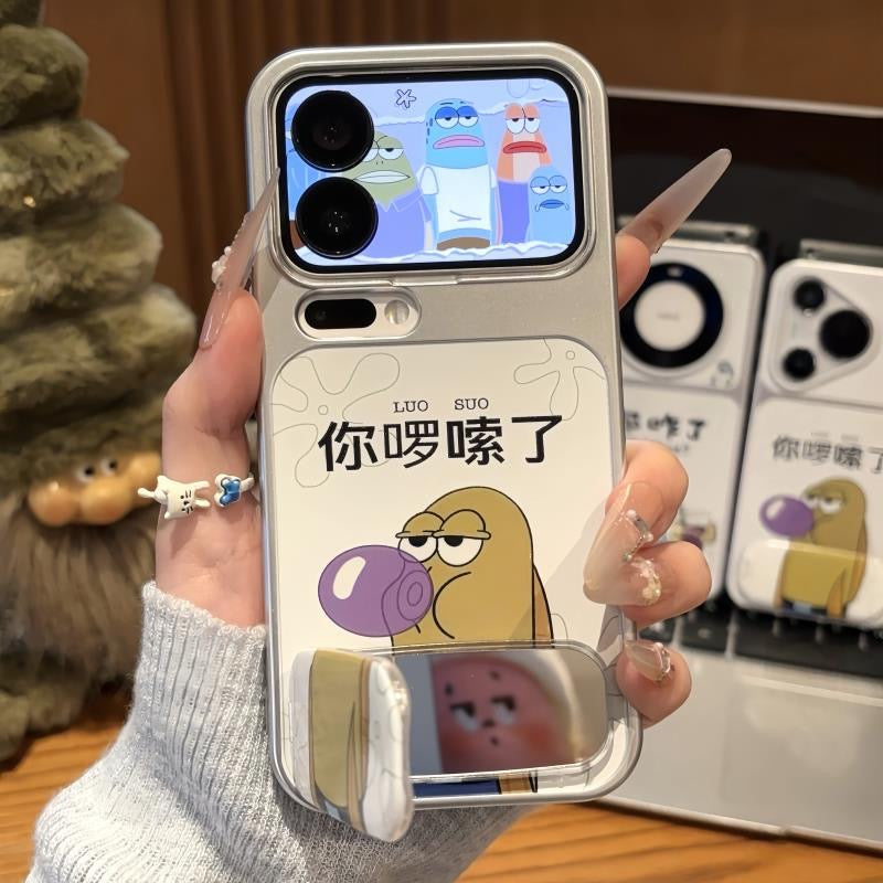 Funny Ocean Cartoon Character Phone Case With Hidden Mirror Kickstand, Electroplated Silver Frame, Dual‑Way Stand For Watching Videos Reading, Shockproof TPU Protective Shell for Smartphones