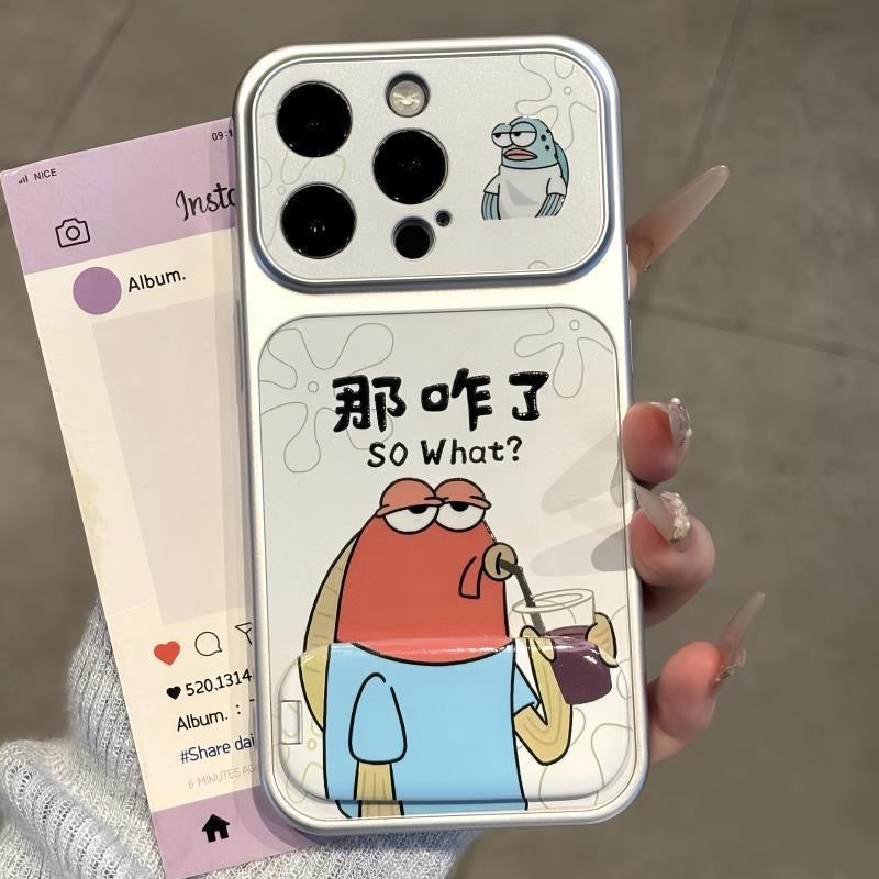 Funny Ocean Cartoon Character Phone Case With Hidden Mirror Kickstand, Electroplated Silver Frame, Dual‑Way Stand For Watching Videos Reading, Shockproof TPU Protective Shell for Smartphones