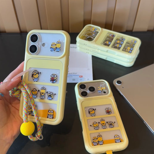 Cute Cartoon Little Yellow Character Slide‑Panel Phone Case, Removable Slide Card Pocket Design, With Colorful Ball Lanyard, Shockproof Soft TPU Protective Cover for Smartphones