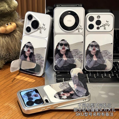 Funny Girl Money Graphic Mirror Phone Case, Large Camera Window Metallic Frame, Shock‑Absorbent Protective Shell for Smartphones