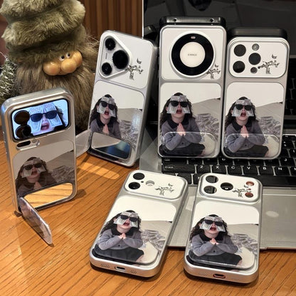 Funny Girl Money Graphic Mirror Phone Case, Large Camera Window Metallic Frame, Shock‑Absorbent Protective Shell for Smartphones