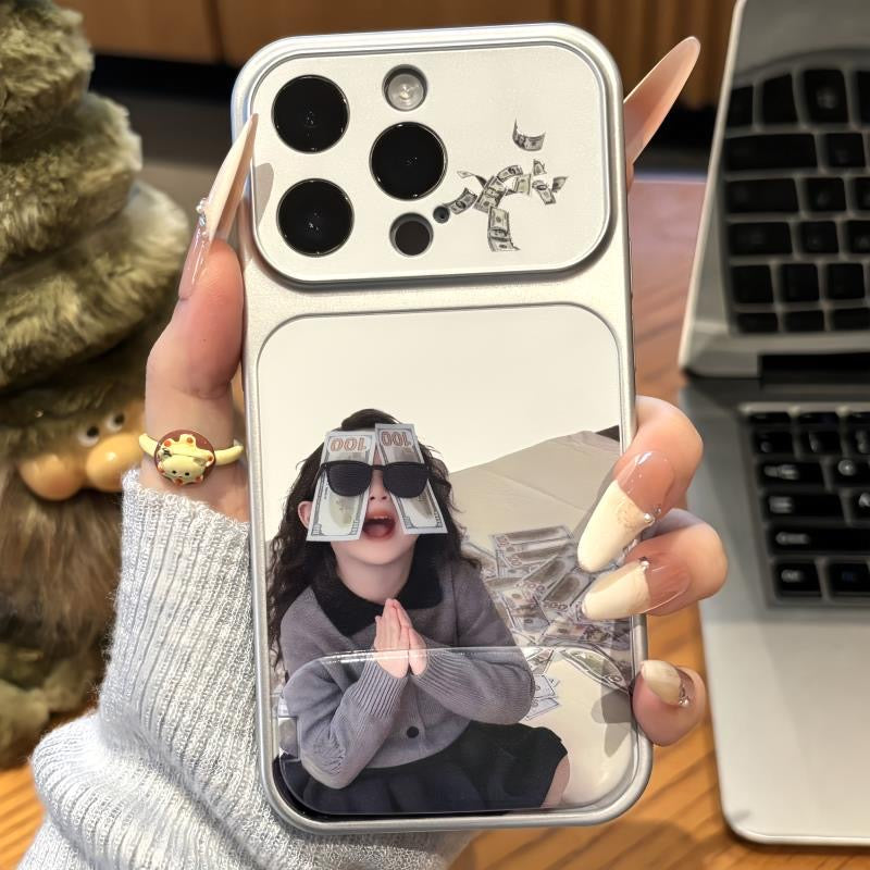 Funny Girl Money Graphic Mirror Phone Case, Large Camera Window Metallic Frame, Shock‑Absorbent Protective Shell for Smartphones