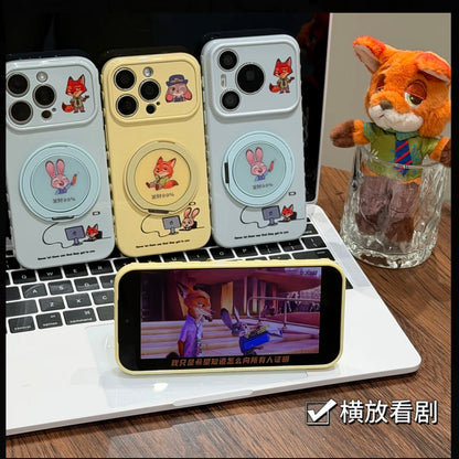 Cute Fox & Bunny Cartoon Printed Phone Case, Fold‑Out Rotating Ring Stand Large Camera Window Shock‑Proof Protective Shell for Smartphones