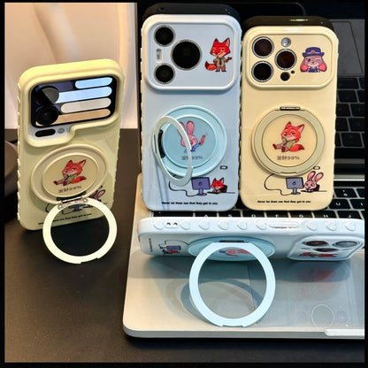 Cute Fox & Bunny Cartoon Printed Phone Case, Fold‑Out Rotating Ring Stand Large Camera Window Shock‑Proof Protective Shell for Smartphones