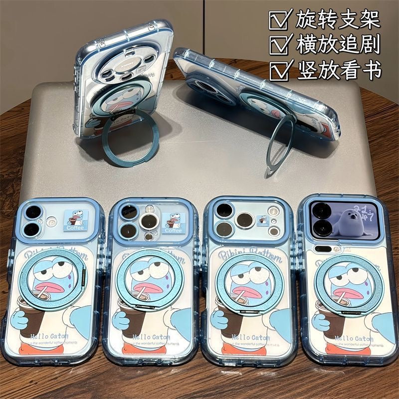 Cute Blue‑Face Cartoon Character Printed Phone Case, Fold‑Out Rotating Ring Stand, Magnetic for Wireless Charging, Large Camera Window Shock‑Resistant Protective Shell for Smartphones