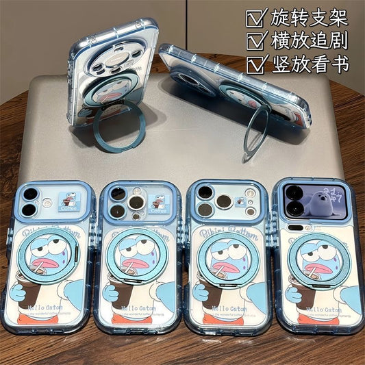 Cute Blue‑Face Cartoon Character Printed Phone Case, Fold‑Out Rotating Ring Stand, Magnetic for Wireless Charging, Large Camera Window Shock‑Resistant Protective Shell for Smartphones