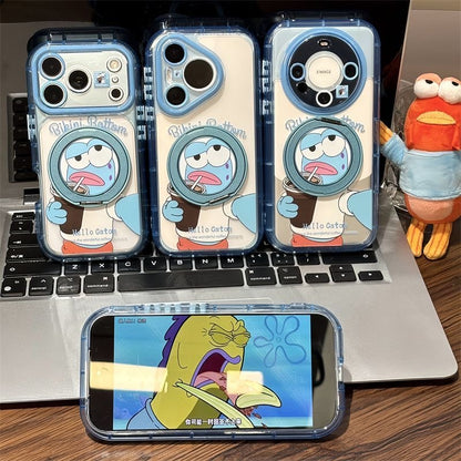 Cute Blue‑Face Cartoon Character Printed Phone Case, Fold‑Out Rotating Ring Stand, Magnetic for Wireless Charging, Large Camera Window Shock‑Resistant Protective Shell for Smartphones