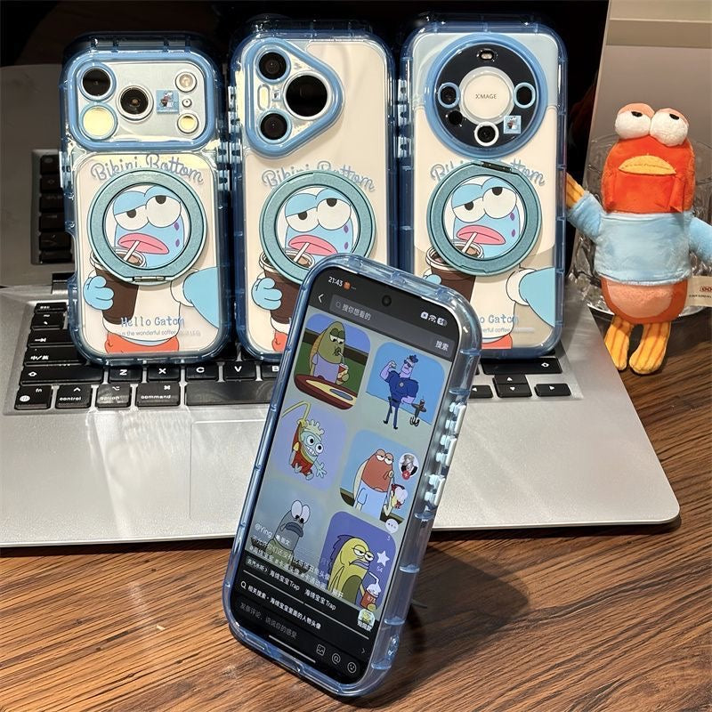 Cute Blue‑Face Cartoon Character Printed Phone Case, Fold‑Out Rotating Ring Stand, Magnetic for Wireless Charging, Large Camera Window Shock‑Resistant Protective Shell for Smartphones