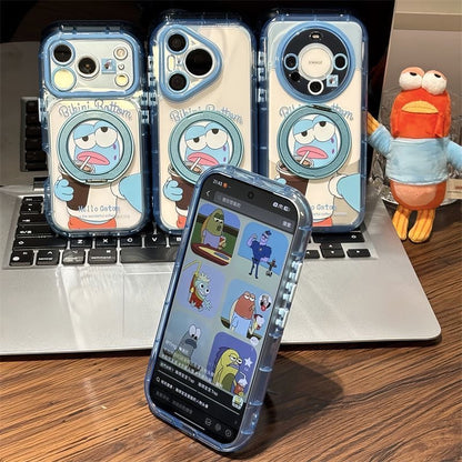 Cute Blue‑Face Cartoon Character Printed Phone Case, Fold‑Out Rotating Ring Stand, Magnetic for Wireless Charging, Large Camera Window Shock‑Resistant Protective Shell for Smartphones