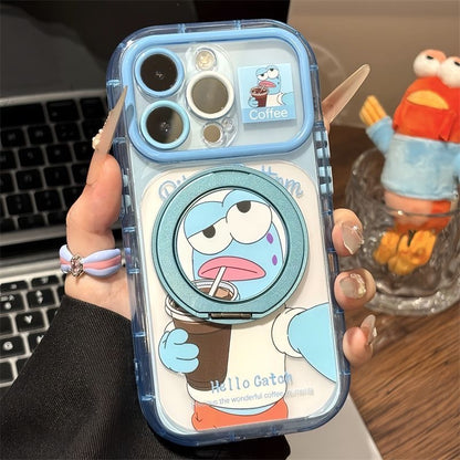 Cute Blue‑Face Cartoon Character Printed Phone Case, Fold‑Out Rotating Ring Stand, Magnetic for Wireless Charging, Large Camera Window Shock‑Resistant Protective Shell for Smartphones