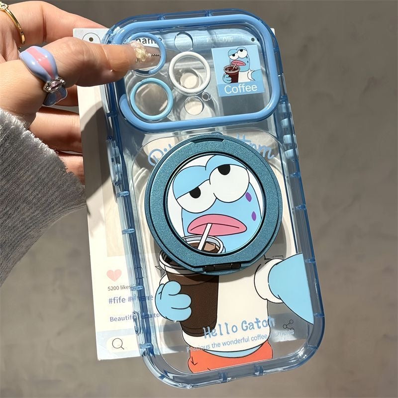 Cute Blue‑Face Cartoon Character Printed Phone Case, Fold‑Out Rotating Ring Stand, Magnetic for Wireless Charging, Large Camera Window Shock‑Resistant Protective Shell for Smartphones