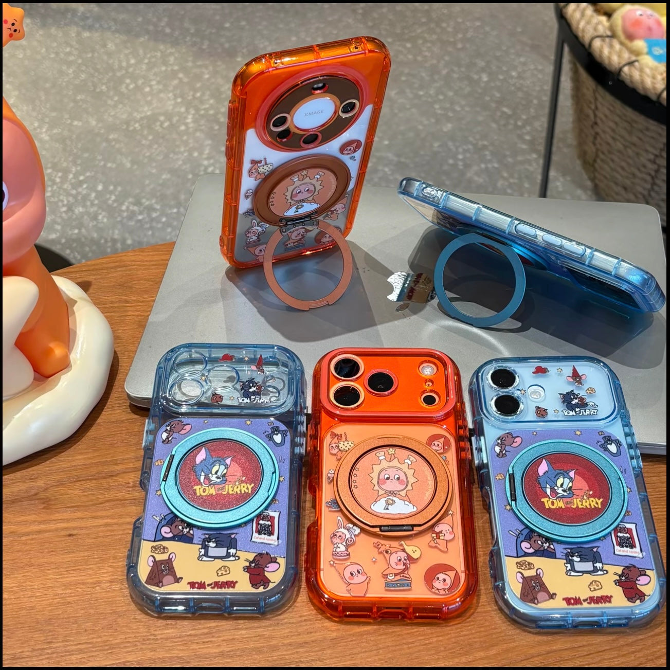 Cute Cat & Mouse Cartoon Printed Magsafe Phone Case, Fold‑Out Rotating Ring Stand, Magnetic for Wireless Charging, Large Camera Window Shock‑Resistant Protective Shell for Smartphones