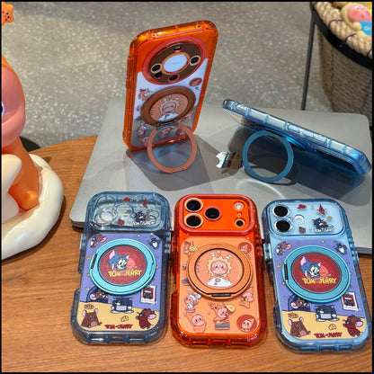Cute Cat & Mouse Cartoon Printed Magsafe Phone Case, Fold‑Out Rotating Ring Stand, Magnetic for Wireless Charging, Large Camera Window Shock‑Resistant Protective Shell for Smartphones