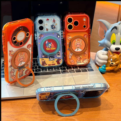 Cute Cat & Mouse Cartoon Printed Magsafe Phone Case, Fold‑Out Rotating Ring Stand, Magnetic for Wireless Charging, Large Camera Window Shock‑Resistant Protective Shell for Smartphones