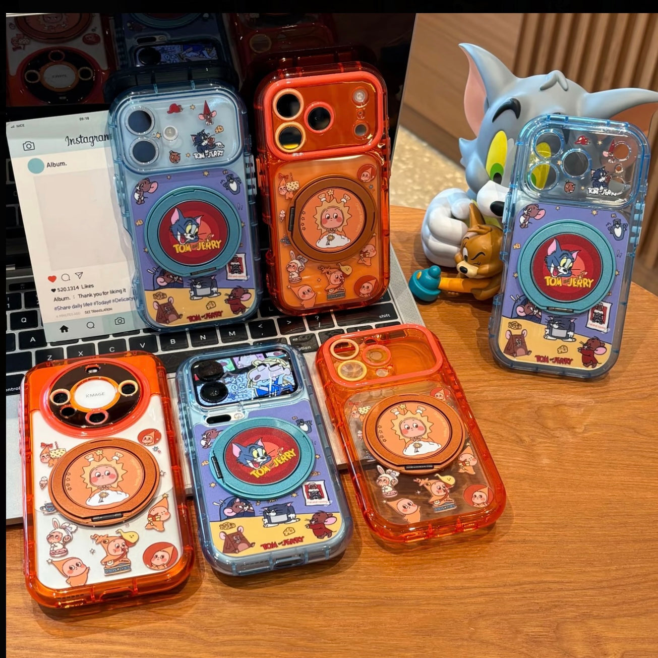 Cute Cat & Mouse Cartoon Printed Magsafe Phone Case, Fold‑Out Rotating Ring Stand, Magnetic for Wireless Charging, Large Camera Window Shock‑Resistant Protective Shell for Smartphones