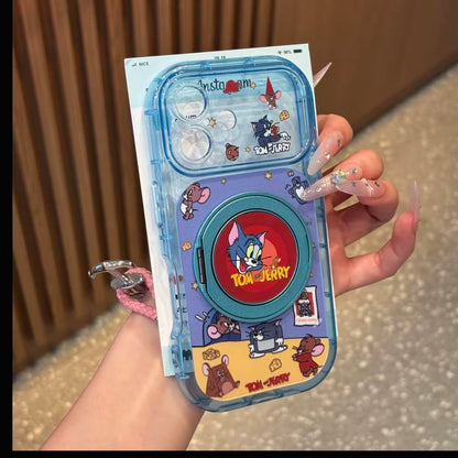 Cute Cat & Mouse Cartoon Printed Magsafe Phone Case, Fold‑Out Rotating Ring Stand, Magnetic for Wireless Charging, Large Camera Window Shock‑Resistant Protective Shell for Smartphones
