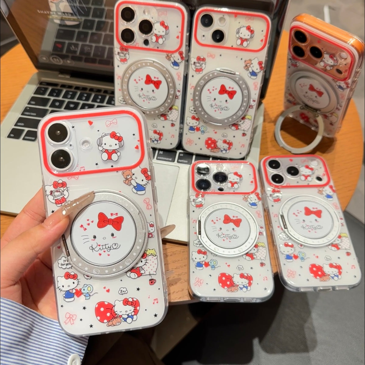 Cute Red Bow Cartoon Print Phone Case, Transparent Shell With 360° Rotatable Ring Holder Stand, Shockproof Protective Cover For iPhone