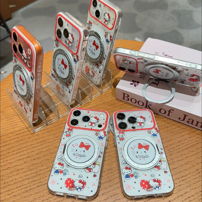 Cute Red Bow Cartoon Print Phone Case, Transparent Shell With 360° Rotatable Ring Holder Stand, Shockproof Protective Cover For iPhone