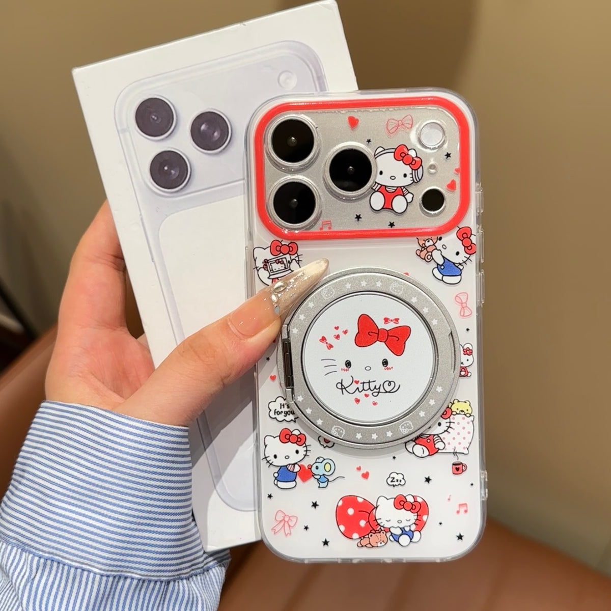 Cute Red Bow Cartoon Print Phone Case, Transparent Shell With 360° Rotatable Ring Holder Stand, Shockproof Protective Cover For iPhone