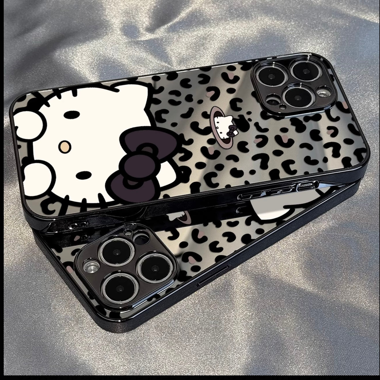 Trendy Leopard‑Pattern Mirror Phone Case, Cute Cartoon Kitten With Black Bow, Glossy Mirror Back Protective Cover For iPhone All Models
