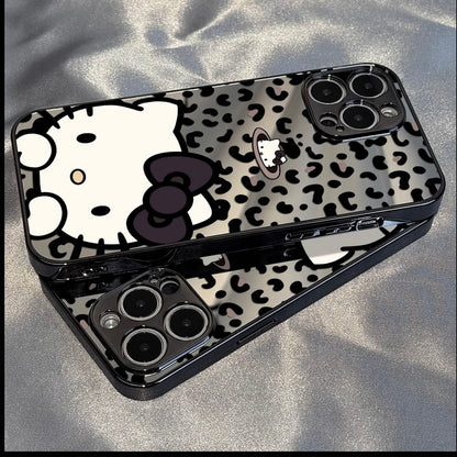 Trendy Leopard‑Pattern Mirror Phone Case, Cute Cartoon Kitten With Black Bow, Glossy Mirror Back Protective Cover For iPhone All Models