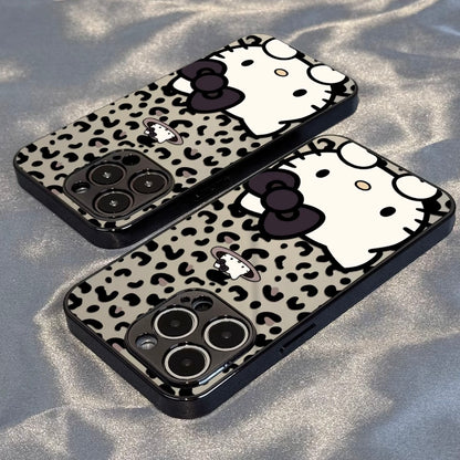 Trendy Leopard‑Pattern Mirror Phone Case, Cute Cartoon Kitten With Black Bow, Glossy Mirror Back Protective Cover For iPhone All Models
