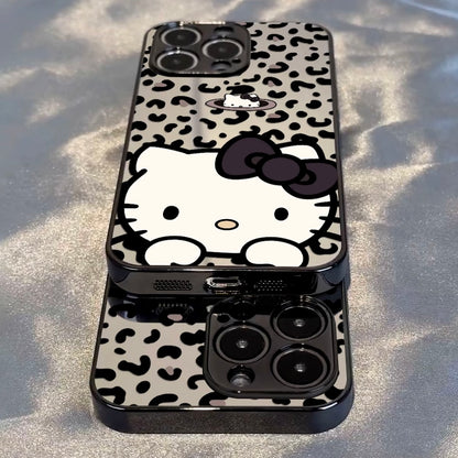 Trendy Leopard‑Pattern Mirror Phone Case, Cute Cartoon Kitten With Black Bow, Glossy Mirror Back Protective Cover For iPhone All Models