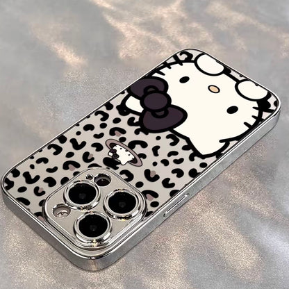 Trendy Leopard‑Pattern Mirror Phone Case, Cute Cartoon Kitten With Black Bow, Glossy Mirror Back Protective Cover For iPhone All Models