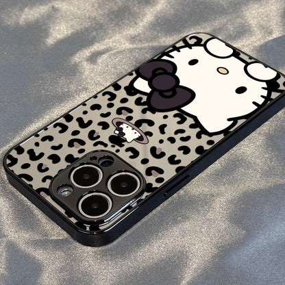 Trendy Leopard‑Pattern Mirror Phone Case, Cute Cartoon Kitten With Black Bow, Glossy Mirror Back Protective Cover For iPhone All Models