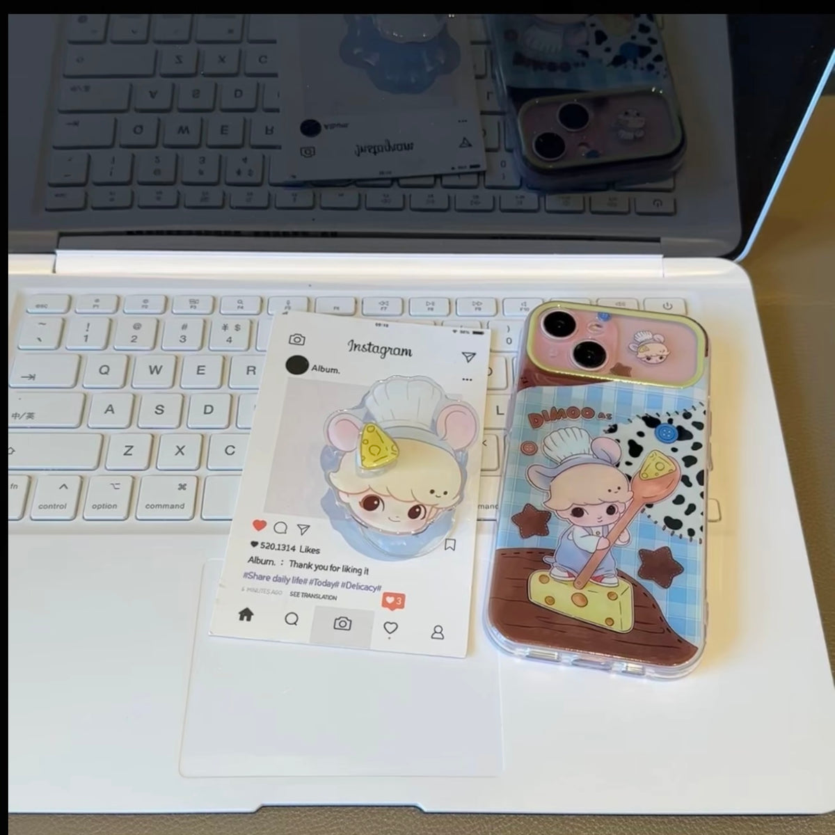 Cute Chef‑Theme Cartoon Print Phone Case With Shaker Pop Socket Stand Clear Shockproof Cover