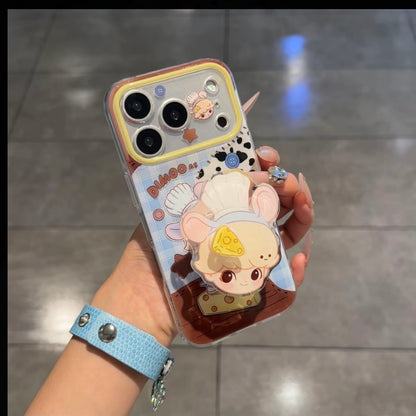 Cute Chef‑Theme Cartoon Print Phone Case With Shaker Pop Socket Stand Clear Shockproof Cover