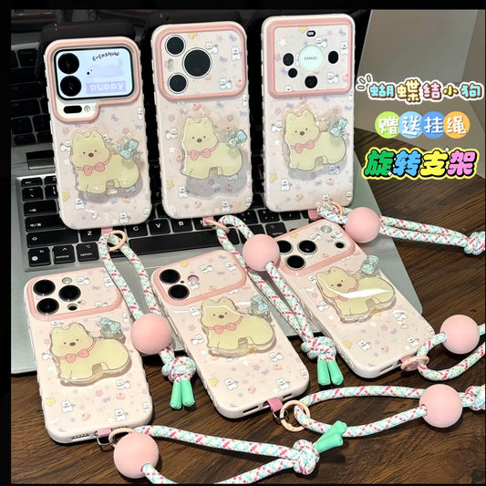 Cute Bow‑Dog Phone Case With Stand & Lanyard