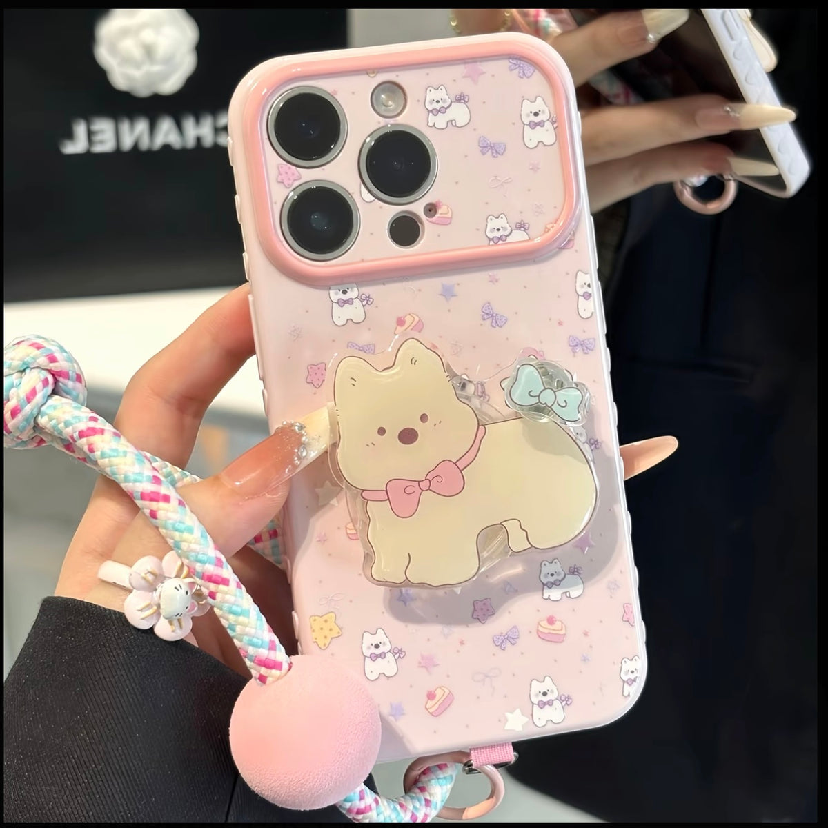 Cute Bow‑Dog Phone Case With Stand & Lanyard
